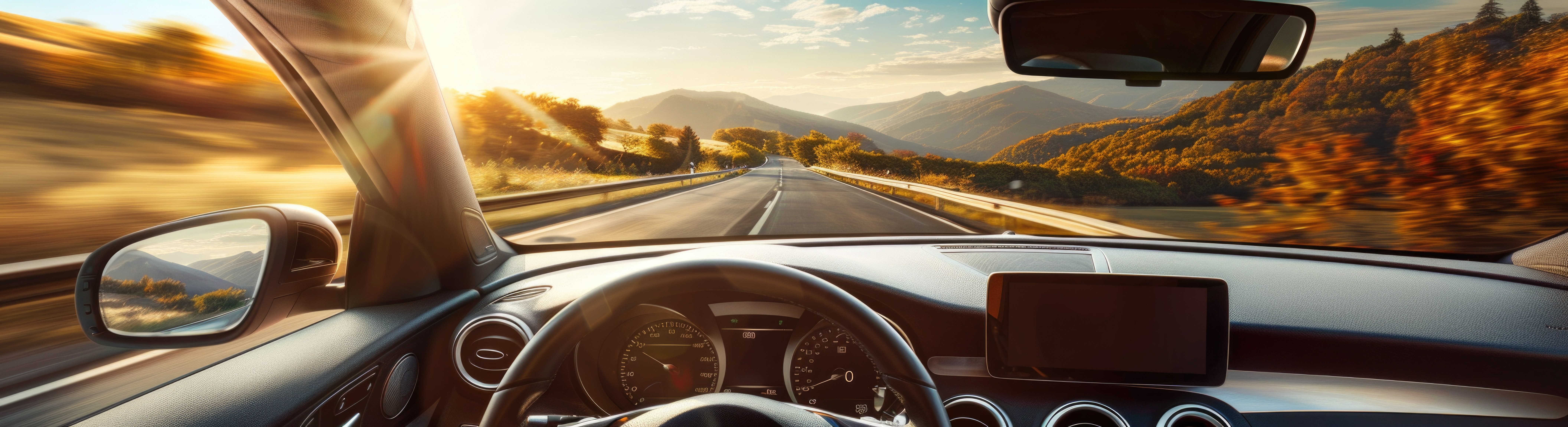 Focused driver behind the wheel with view of road and landscape through windshield